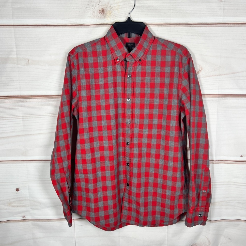 J Crew Shirt Mens Medium‎ Red Gray Check Button Up Cotton Long Sleeve Collared